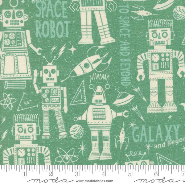 Image of the 321 Blast Off Robots Neptune quilting cotton fabric by Moda Fabrics. Features vintage robots on a green background. Cute Little Fabric Shop