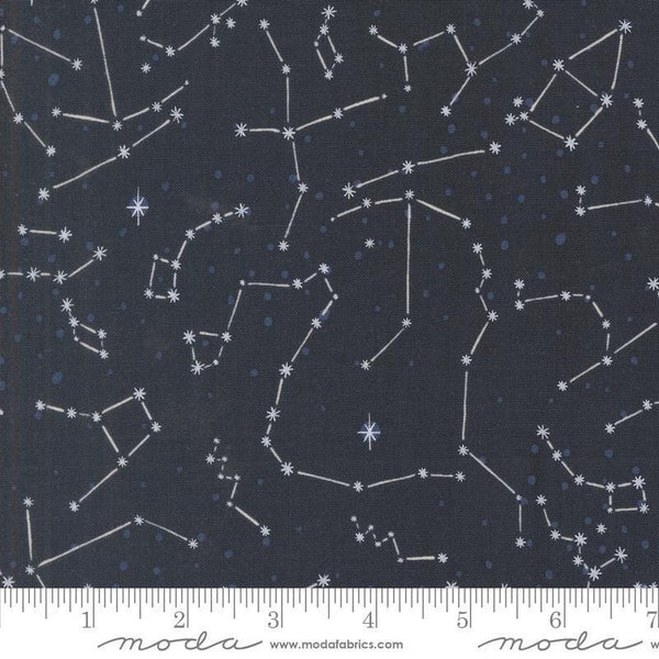 Image of the 321 Blast Off Constellation Night Sky quilting cotton fabric by Moda Fabrics. Features stars on a green background. Cute Little Fabric Shop