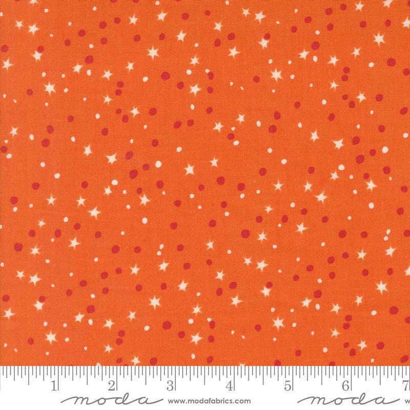 Image of the 321 Blast Off Stars Saturn quilting cotton fabric by Moda Fabrics. Features vintage stars on a red background. Cute Little Fabric Shop