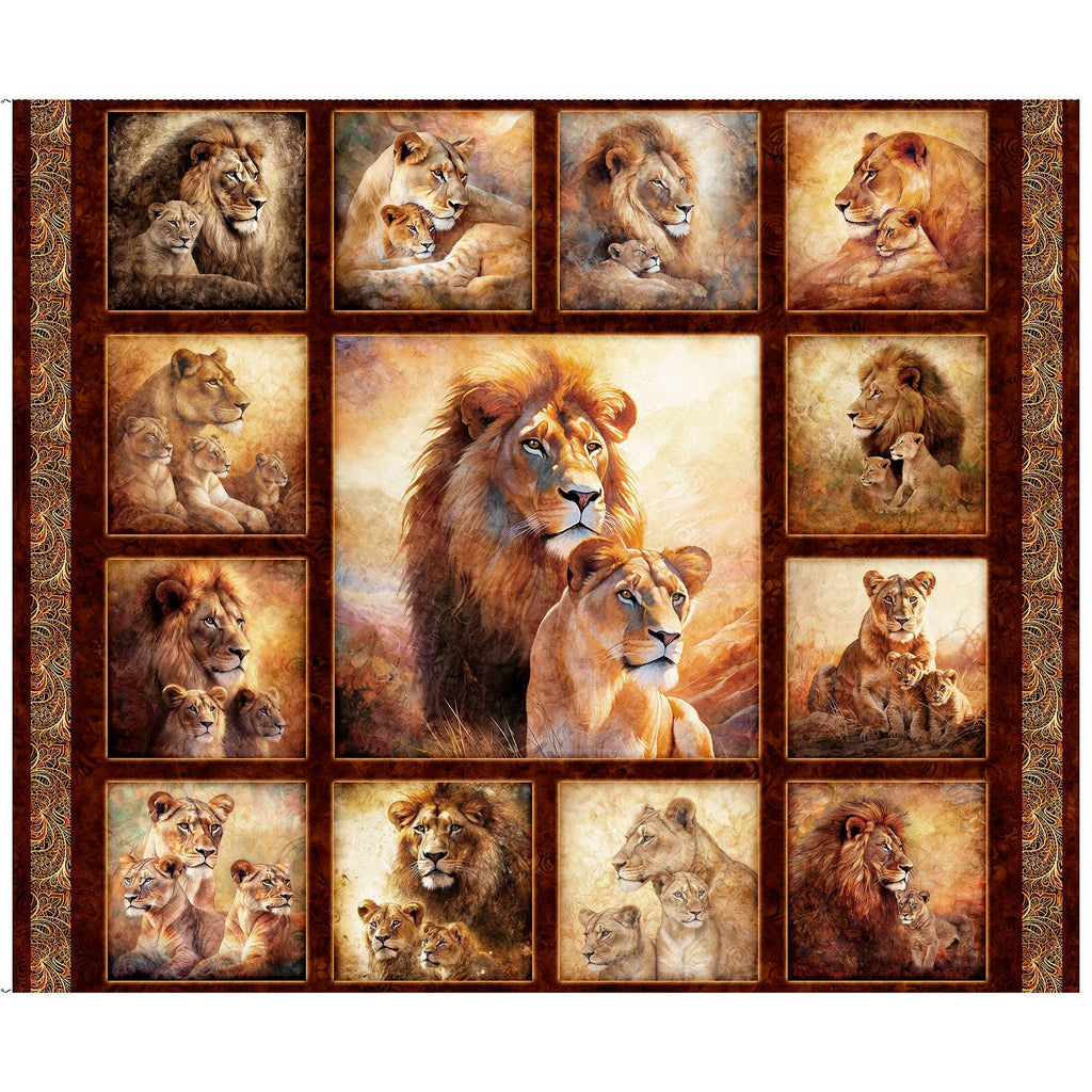 Roar Of The Pride Lion Picture Patches Panel 31214 Brown A Panel - QT Fabrics - Large Cats Cubs Lioness - Quilting Cotton Fabric