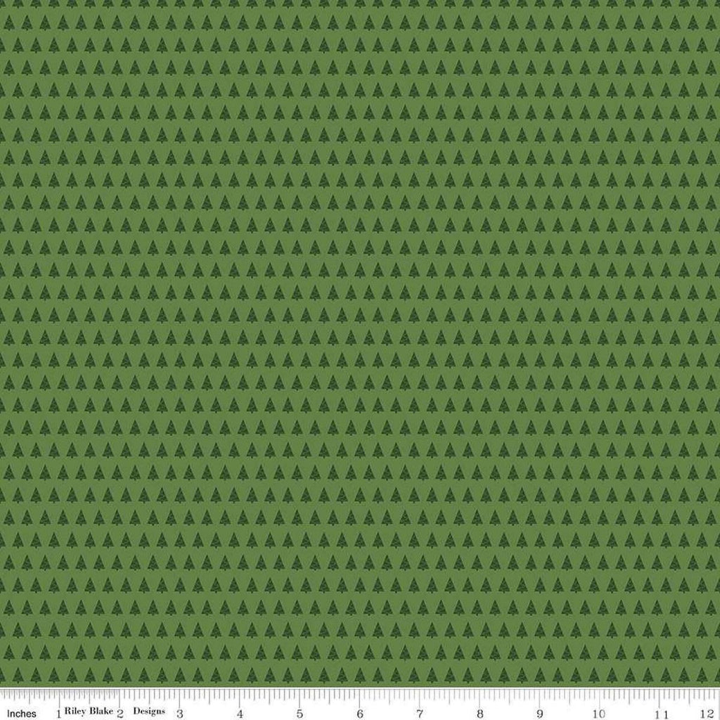 Image of the More Christmas Wishes Trees Green quilting cotton fabric by Riley Blake Designs. Features trees on a green background. Cute Little Fabric Shop