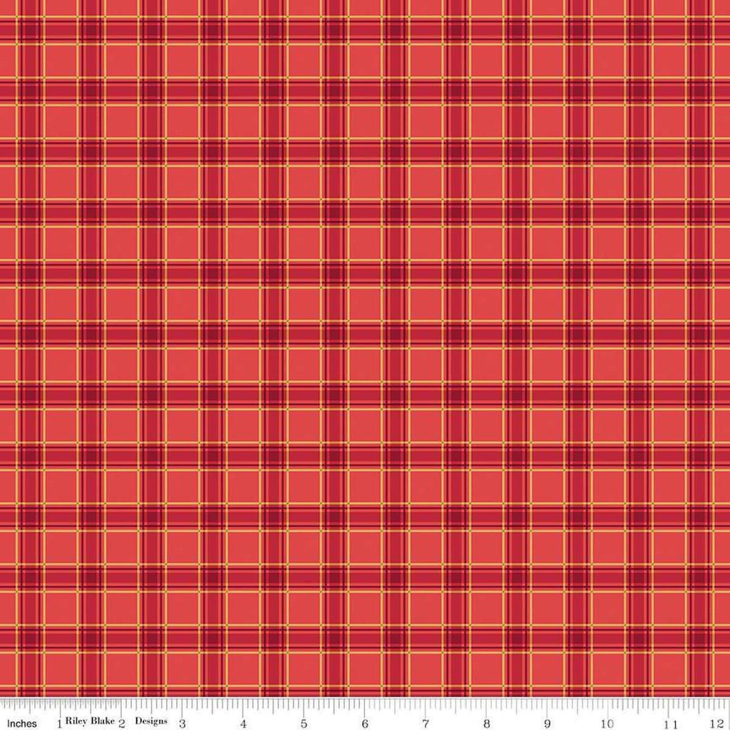 Image of the More Christmas Wishes Plaid Red quilting cotton fabric by Riley Blake Designs. Features plaid on a red background. Cute Little Fabric Shop