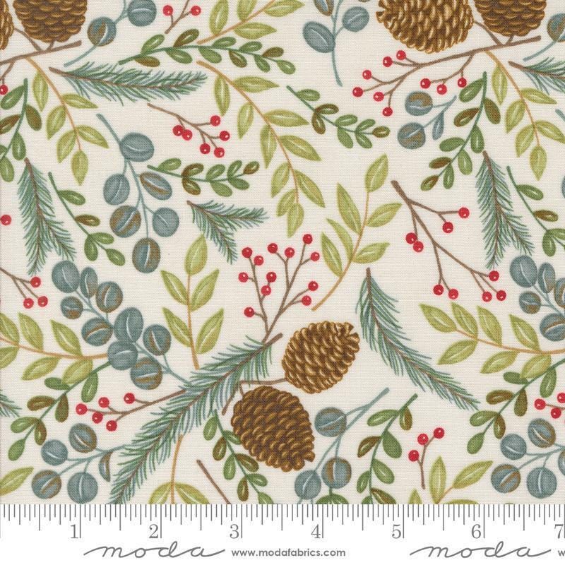 Image of the Winter Friends Woodland Snowy White quilting cotton fabric by Moda Fabrics. Features greenery on a white background. Cute Little Fabric Shop