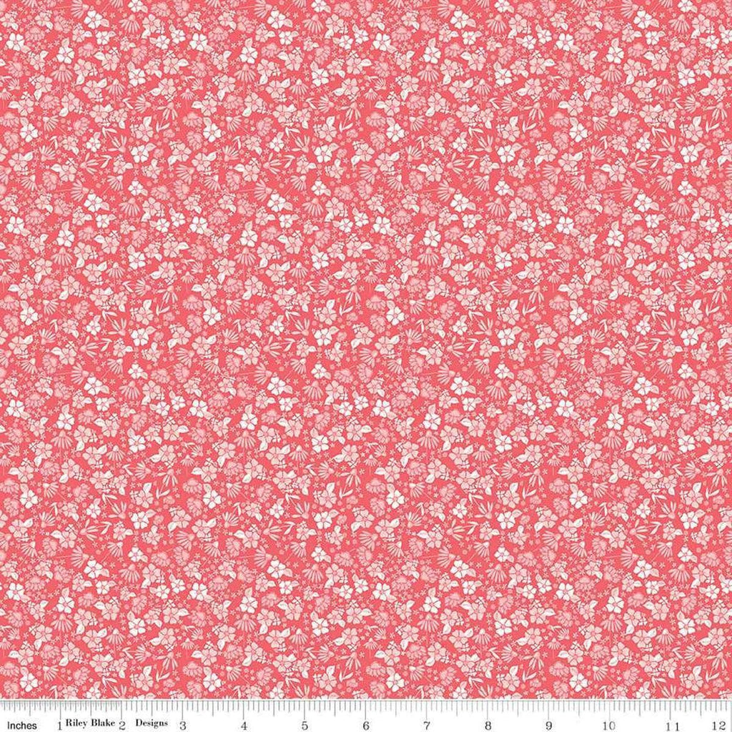 Image of the Summer Skies and Fireflies Garden Tea Rose Quilting Cotton Fabric by Riley Blake Designs. Features flowers on a pink background. Cute Little Fabric Shop