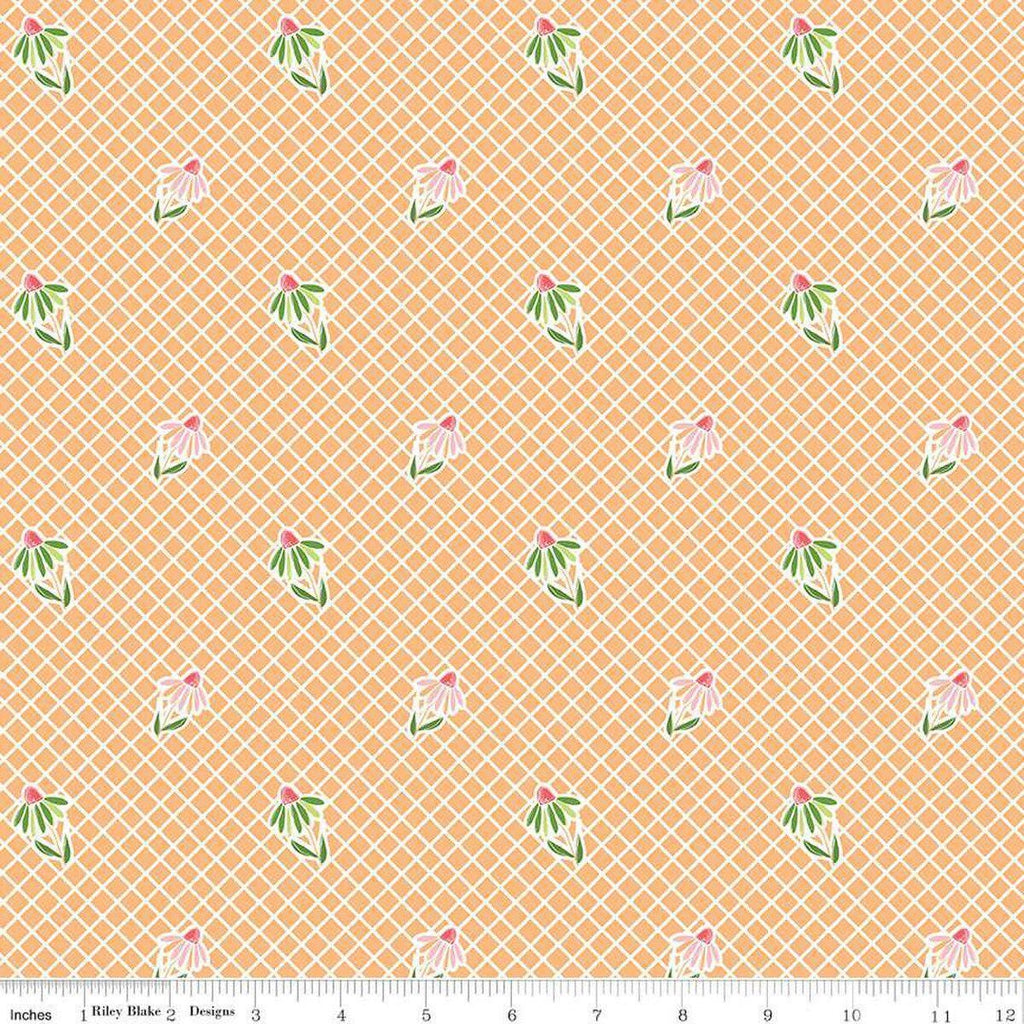 Image of the Summer Skies and Fireflies Cone Flowers Orange Quilting Cotton Fabric by Riley Blake Designs. Features grid lines on an orange background. Cute Little Fabric Shop