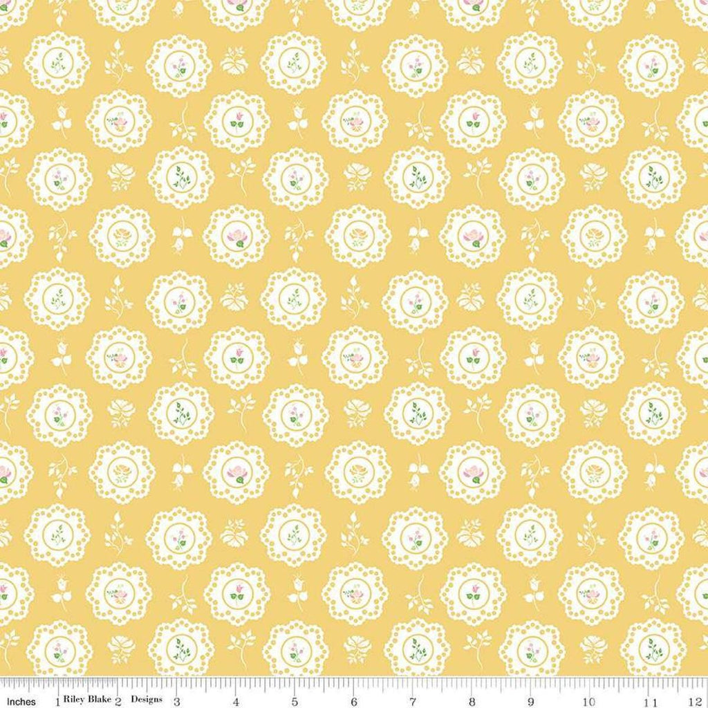 Image of the Summer Skies and Fireflies Doilies Yellow Quilting Cotton Fabric by Riley Blake Designs. Features flowers on a yellow background. Cute Little Fabric Shop