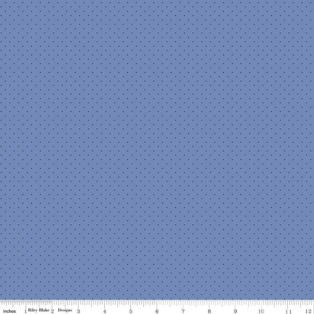 Image of the American Jane Pindots Blue quilting cotton fabric by American Jane for Riley Blake Designs. Features tiny dots on a blue background. Cute Little Fabric Shop