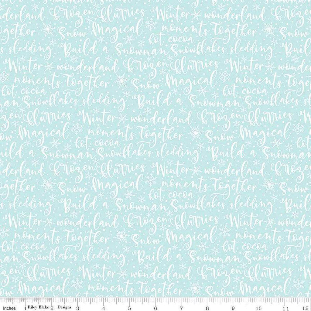 Image of the Winter Magic Winter Words Aqua quilting cotton fabric by Riley Blake Designs. Features words on a blue background. Cute Little Fabric Shop