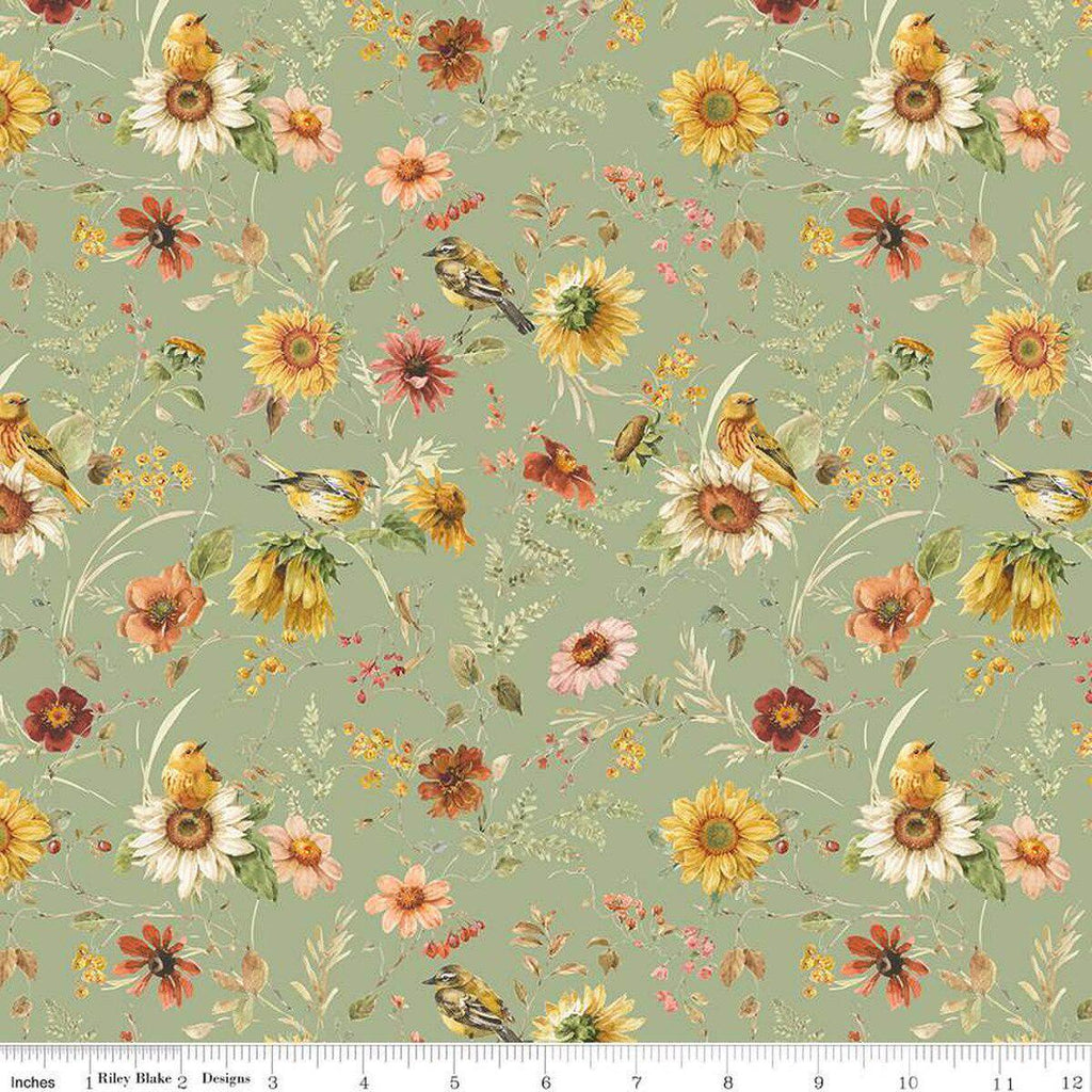 Image of Sunflower Whispers Prairie Green quilting cotton fabric by Lisa Audit for Riley Blake Designs. Features flowers on a green background. Cute Little Fabric Shop