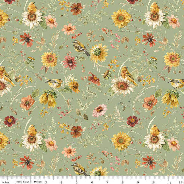 Image of Sunflower Whispers Prairie Green quilting cotton fabric by Lisa Audit for Riley Blake Designs. Features flowers on a green background. Cute Little Fabric Shop