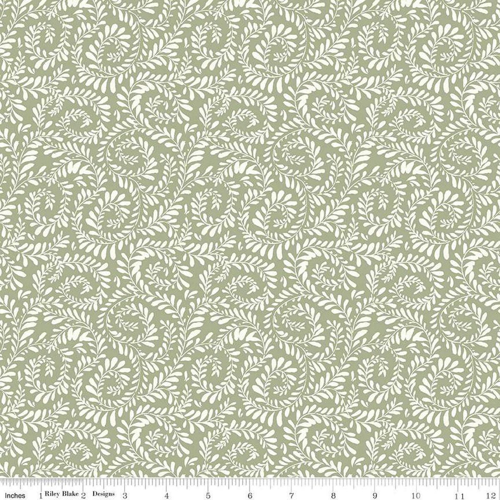Image of Sunflower Whispers Ferns Green quilting cotton fabric by Lisa Audit for Riley Blake Designs. Features leaves on a green background. Cute Little Fabric Shop