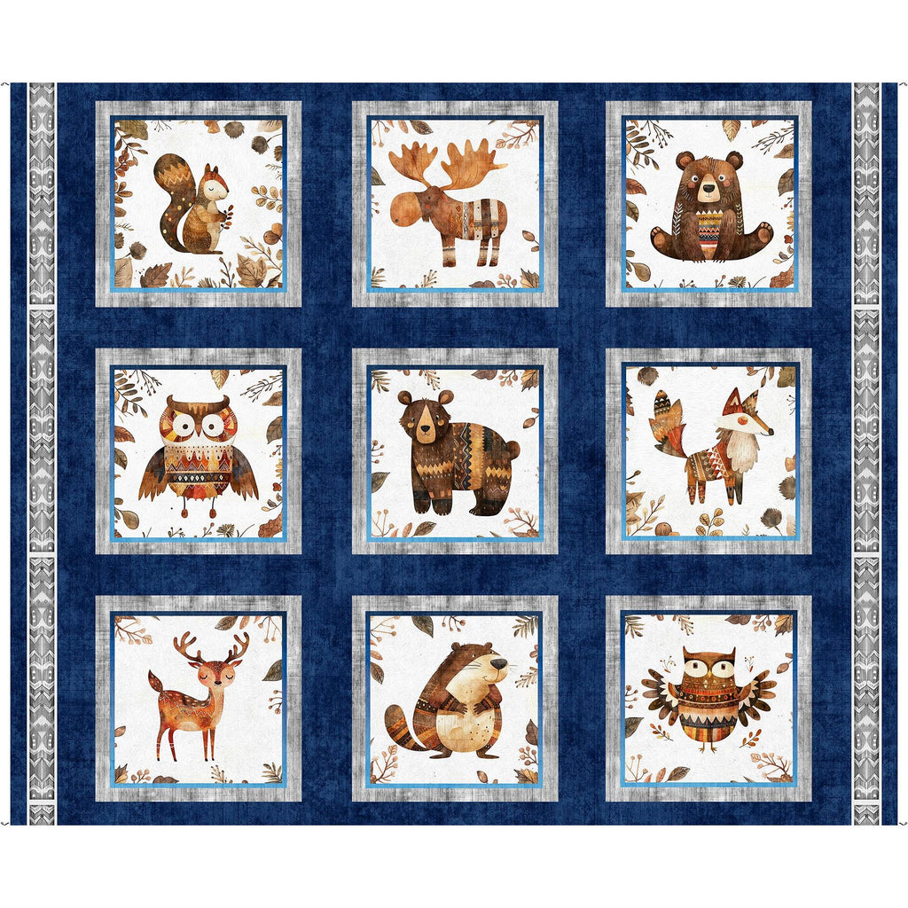 Bearsville Animal Picture Patches Panel 31258 Navy N - QT Fabrics - Outdoors Wildlife Nature Animals  - Quilting Cotton Fabric