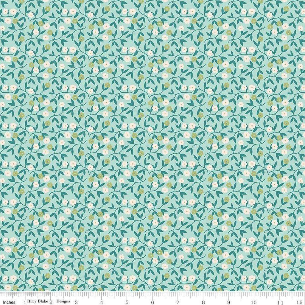 Image of the Gentler Times Gracious Songbird quilting cotton fabric by Riley Blake Designs. Features flowers on a blue background. Cute Little Fabric Shop