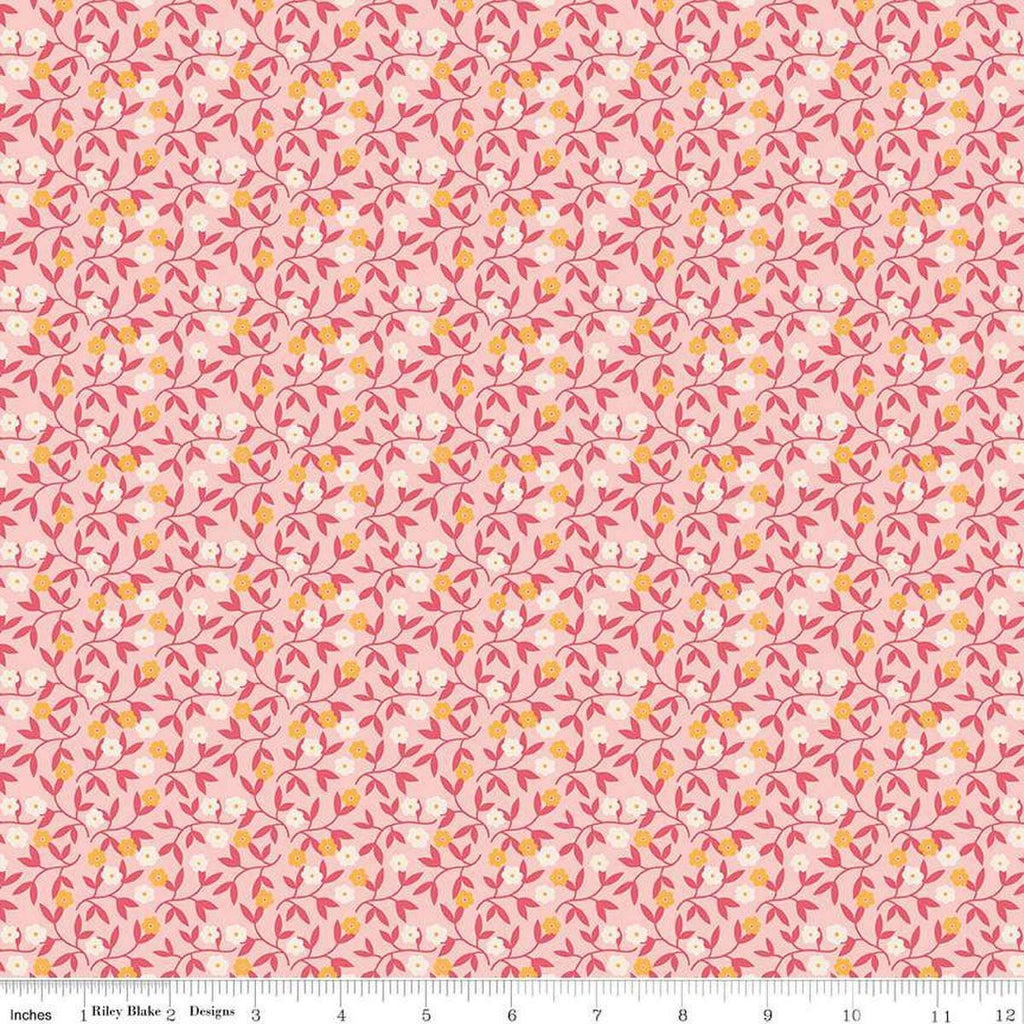 Image of the Gentler Times Gracious Coral quilting cotton fabric by Riley Blake Designs. Features flowers on a pink background. Cute Little Fabric Shop