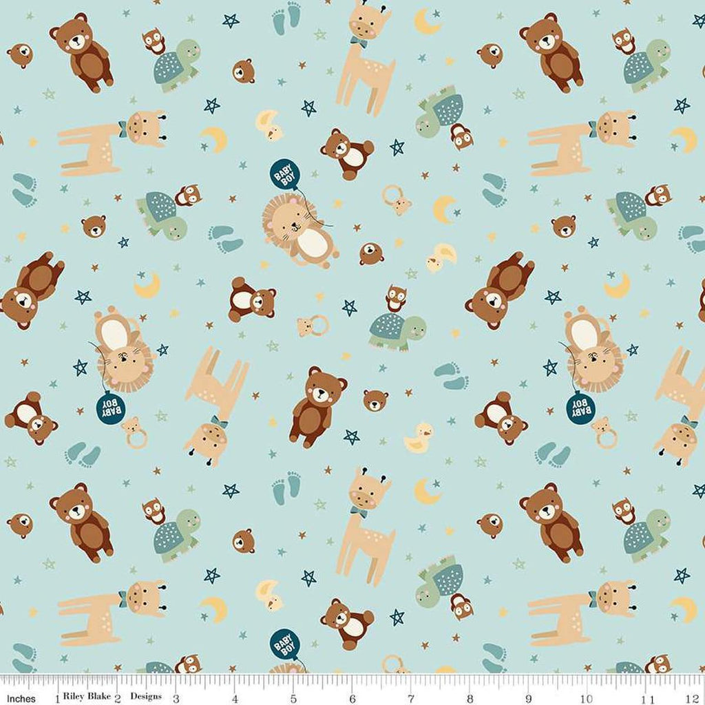Image of the Baby Boy Animals Blue quilting cotton fabric by Lori Whitlock for Riley Blake Designs. Features animals on a blue background. Cute Little Fabric Shop