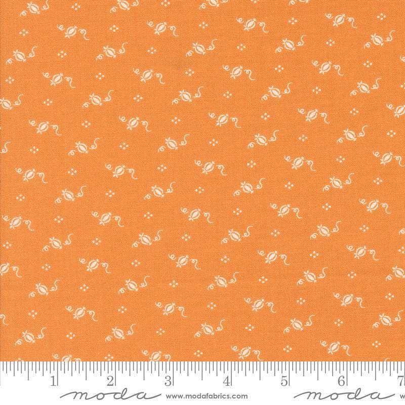 Image of the Agatha Road Pumpkins Pumpkin quilting cotton fabric by Moda Fabrics. Features geometric on an orange background. Cute Little Fabric Shop