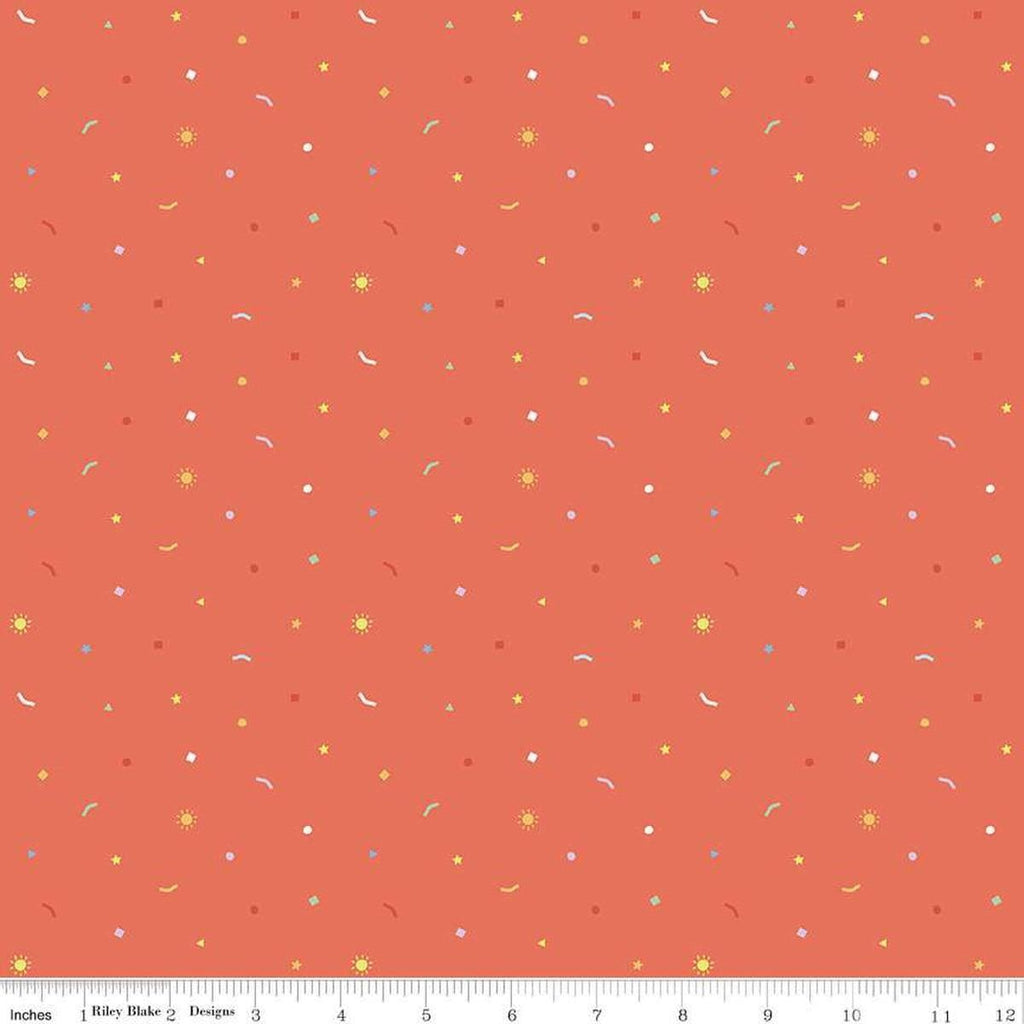Image of the New Box of Crayons Confetti Rouge Quilting Cotton Fabric by Riley Blake Designs. Features confetti on a red background. Cute Little Fabric Shop