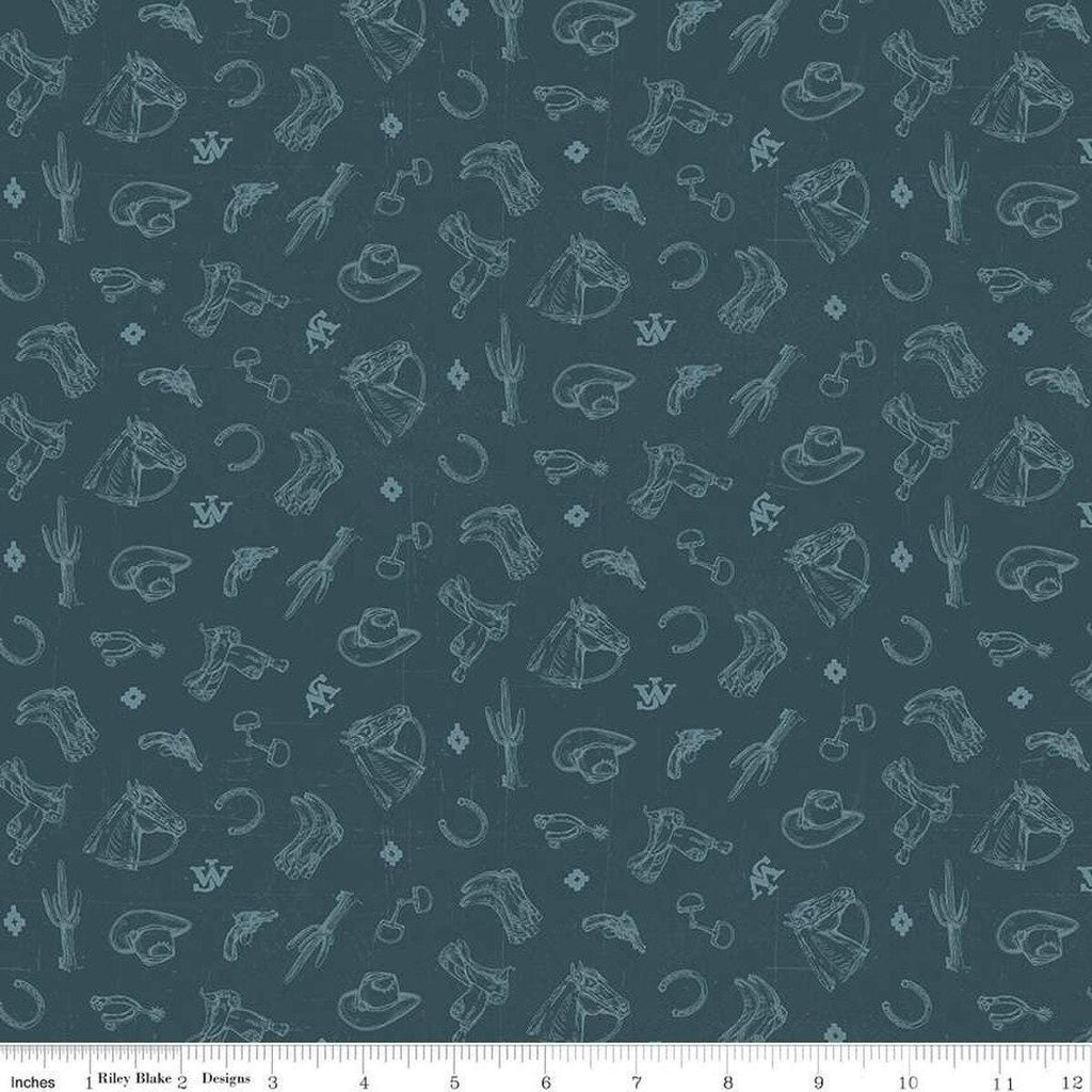 Image of John Wayne American West Icons Navy quilting cotton fabric by Riley Blake Official Product for Riley Blake Designs. Features tools on a blue background. Cute Little Fabric Shop