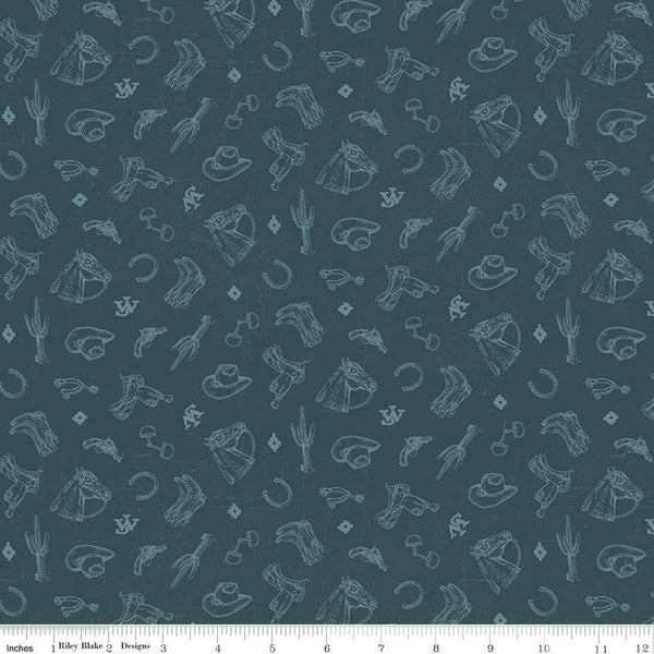 Image of John Wayne American West Icons Navy quilting cotton fabric by Riley Blake Official Product for Riley Blake Designs. Features tools on a blue background. Cute Little Fabric Shop