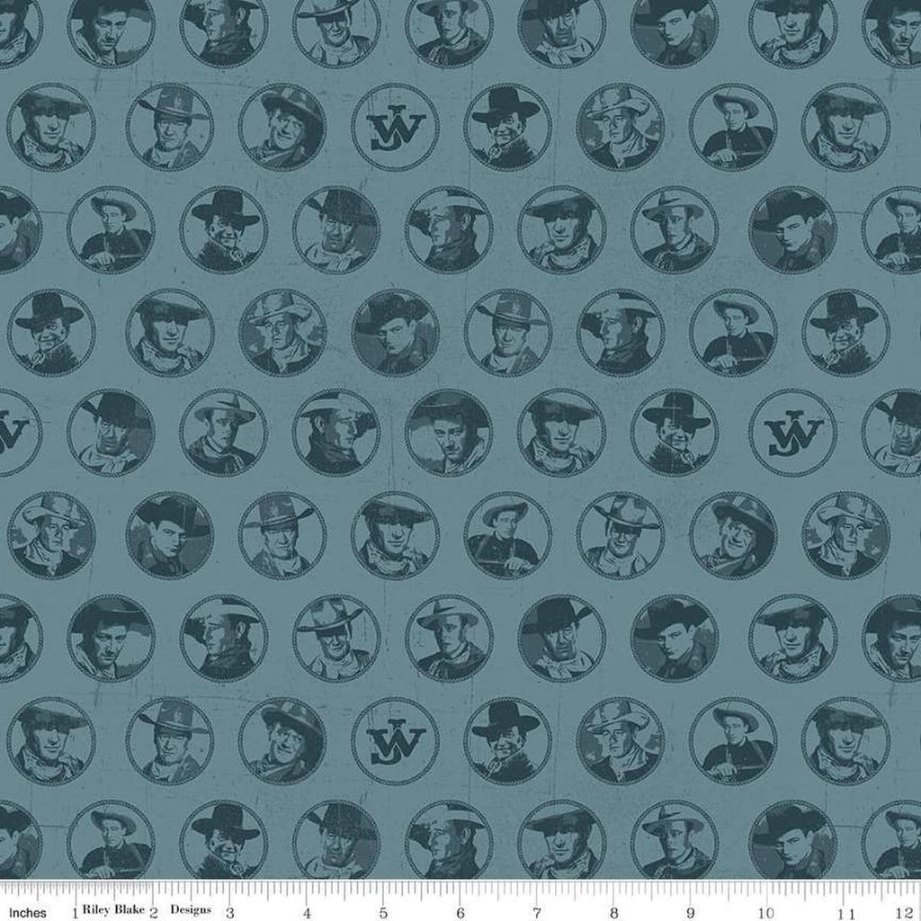 Image of John Wayne American West Circles Denim quilting cotton fabric by Riley Blake Official Product for Riley Blake Designs. Features cowboys on a blue background. Cute Little Fabric Shop