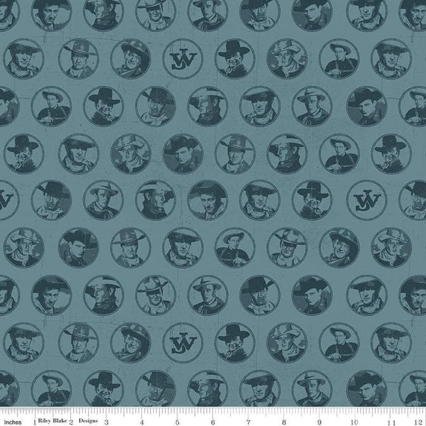 Image of John Wayne American West Circles Denim quilting cotton fabric by Riley Blake Official Product for Riley Blake Designs. Features cowboys on a blue background. Cute Little Fabric Shop