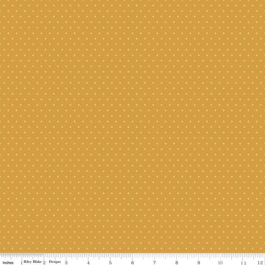 Image of Essence Foils Golden quilting cotton fabric by Fran Gulick for Riley Blake Designs. Features stars on a yellow background. Cute Little Fabric Shop
