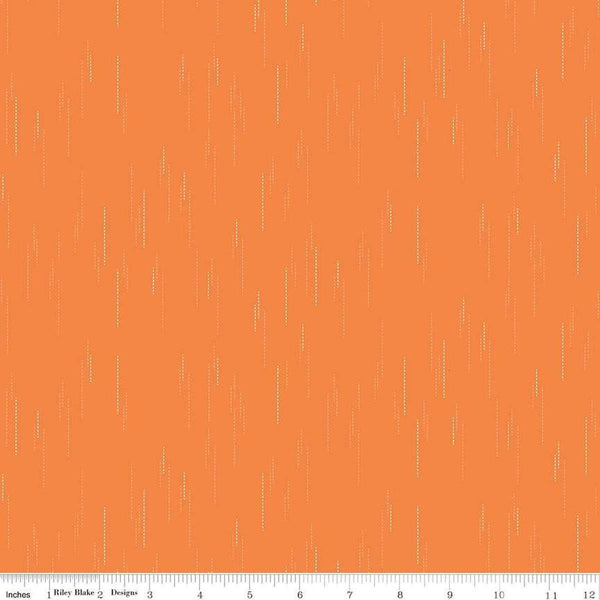 Image of Essence Raindrops Orange quilting cotton fabric by Fran Gulick for Riley Blake Designs. Features rain on an orange background. Cute Little Fabric Shop