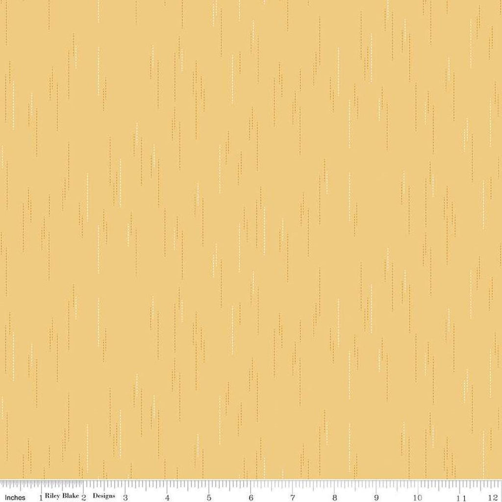 Image of Essence Raindrops Beehive quilting cotton fabric by Fran Gulick for Riley Blake Designs. Features rain on a yellow background. Cute Little Fabric Shop