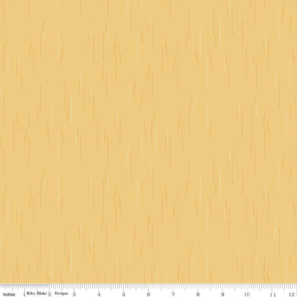 Image of Essence Raindrops Beehive quilting cotton fabric by Fran Gulick for Riley Blake Designs. Features rain on a yellow background. Cute Little Fabric Shop