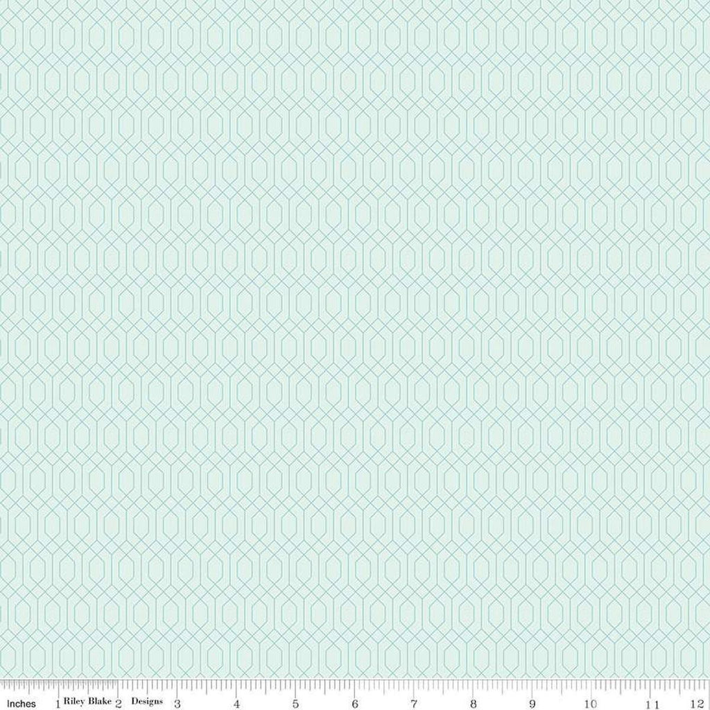 Image of Essence Lattice Iceberg quilting cotton fabric by Fran Gulick for Riley Blake Designs. Features hexagons on a blue background. Cute Little Fabric Shop