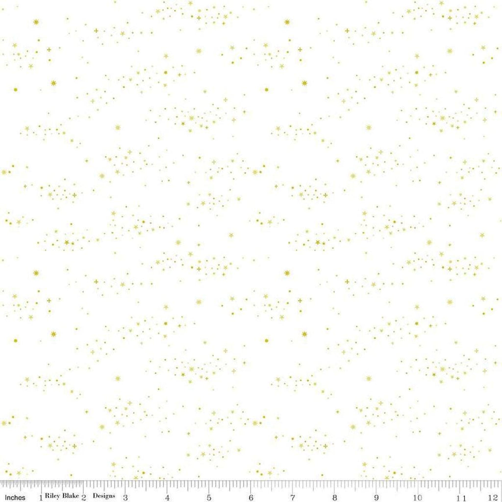 Image of Essence Starlight Gold quilting cotton fabric by Fran Gulick for Riley Blake Designs. Features stars on a white background. Cute Little Fabric Shop