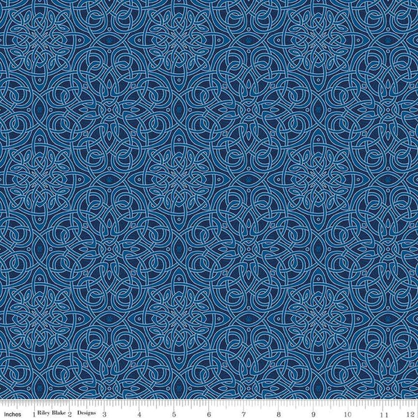 Image of Celtic Cats Celtic Knots Navy quilting cotton fabric by Brigid Ashwood for Riley Blake Designs. Features Celtic knots on a blue background. Cute Little Fabric Shop