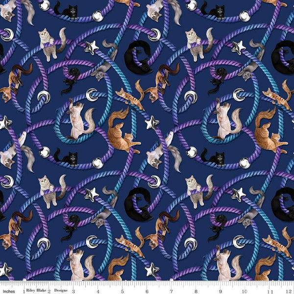 Image of Celtic Cats Main Navy quilting cotton fabric by Brigid Ashwood for Riley Blake Designs. Features cats on a blue background. Cute Little Fabric Shop