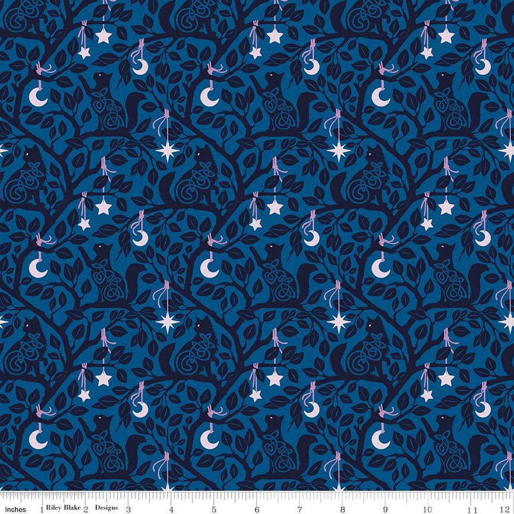 Image of Celtic Cats Forest Cats Blue quilting cotton fabric by Brigid Ashwood for Riley Blake Designs. Features cats in trees on a blue background. Cute Little Fabric Shop