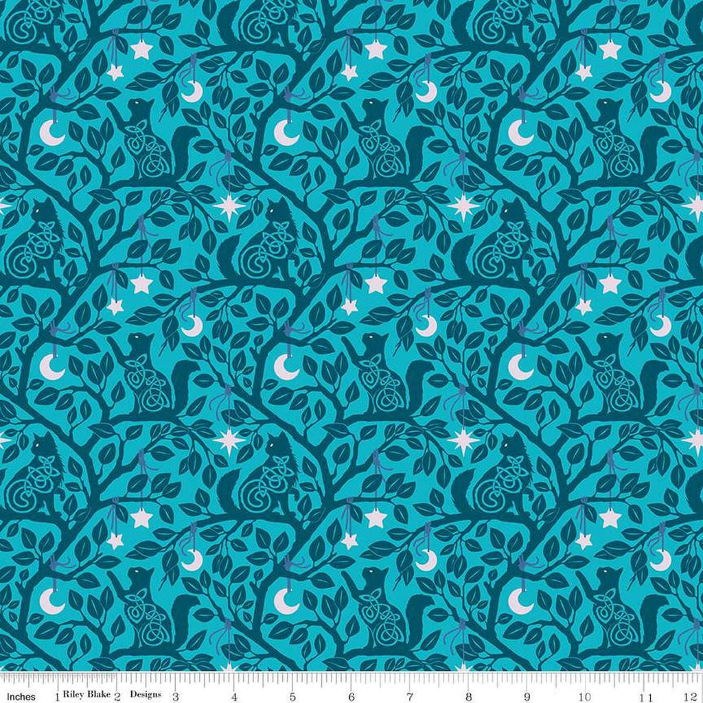 Image of Celtic Cats Forest Cats Teal quilting cotton fabric by Brigid Ashwood for Riley Blake Designs. Features cats in trees on a blue background. Cute Little Fabric Shop