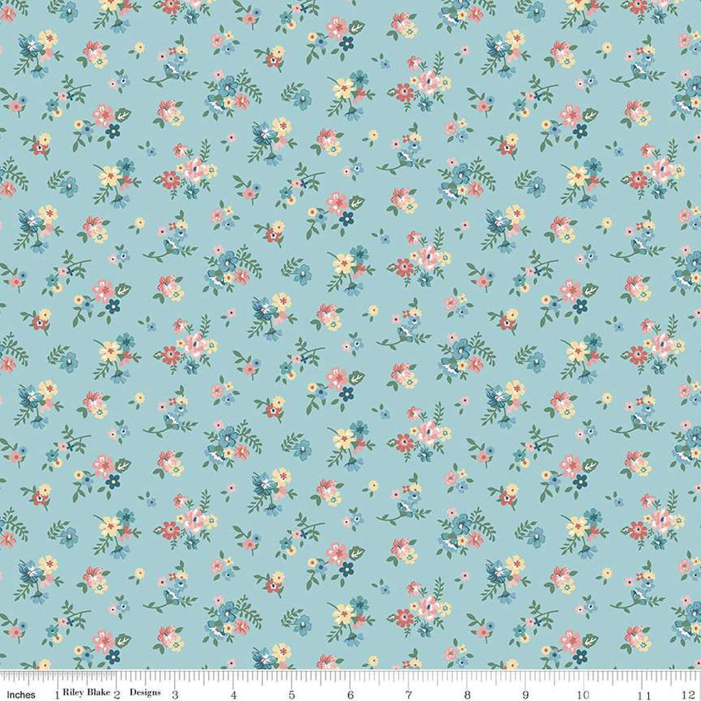 Image of Mary Catherine Ditsy Floral Songbird quilting cotton fabric by Amy Smart for Riley Blake Designs. Features flowers on a blue background. Cute Little Fabric Shop