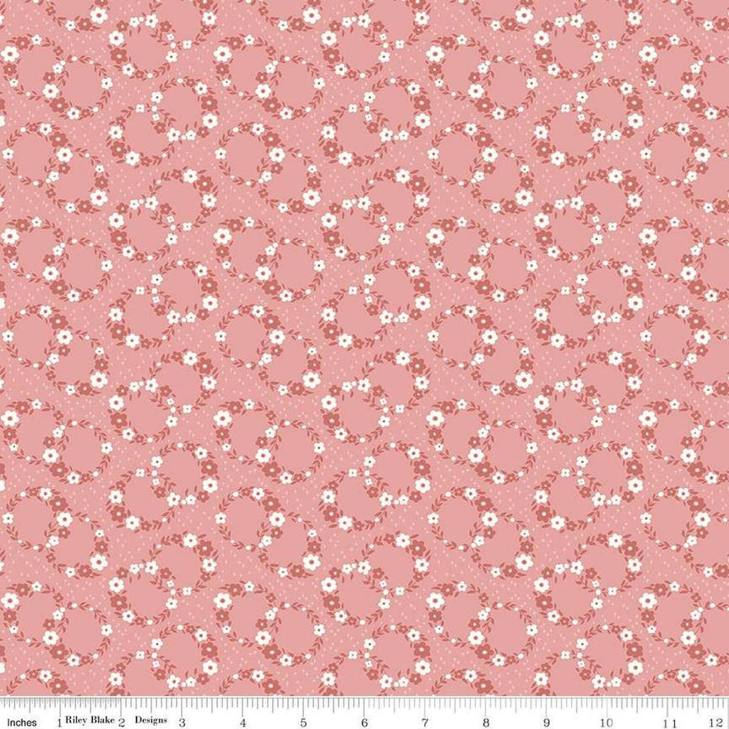 Image of Mary Catherine Wreaths Mellow Rose quilting cotton fabric by Amy Smart for Riley Blake Designs. Features flowers on a pink background. Cute Little Fabric Shop