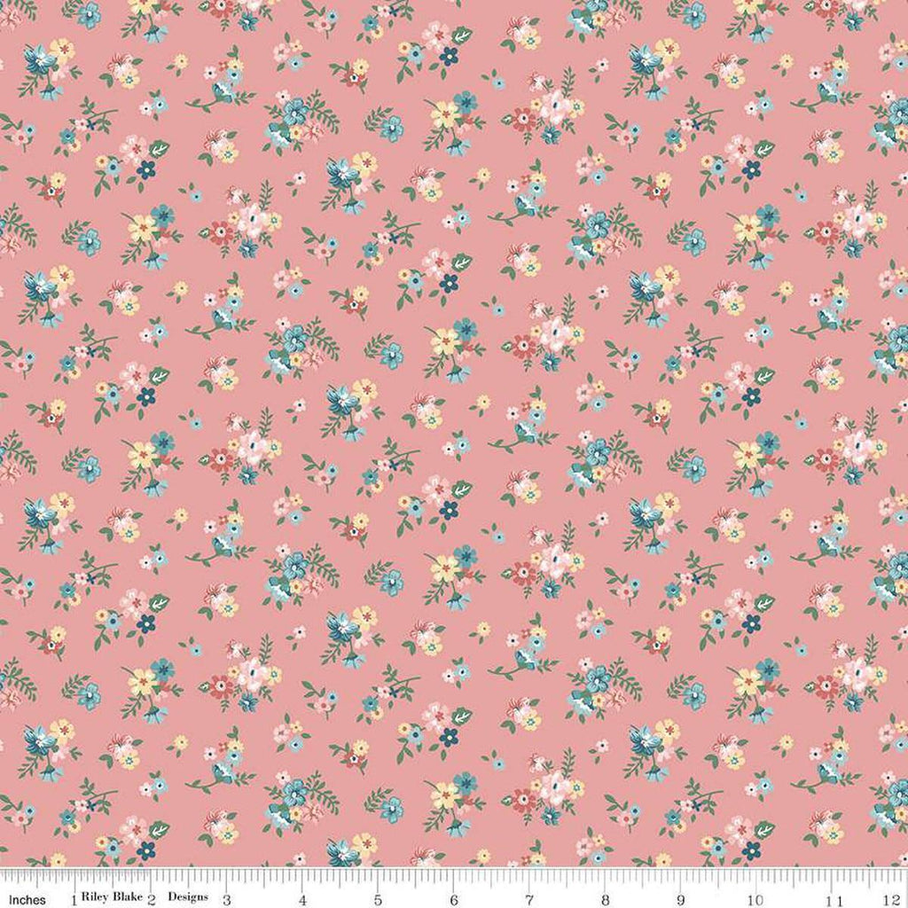 Image of Mary Catherine Ditsy Floral Mellow Rose quilting cotton fabric by Amy Smart for Riley Blake Designs. Features flowers on a red background. Cute Little Fabric Shop