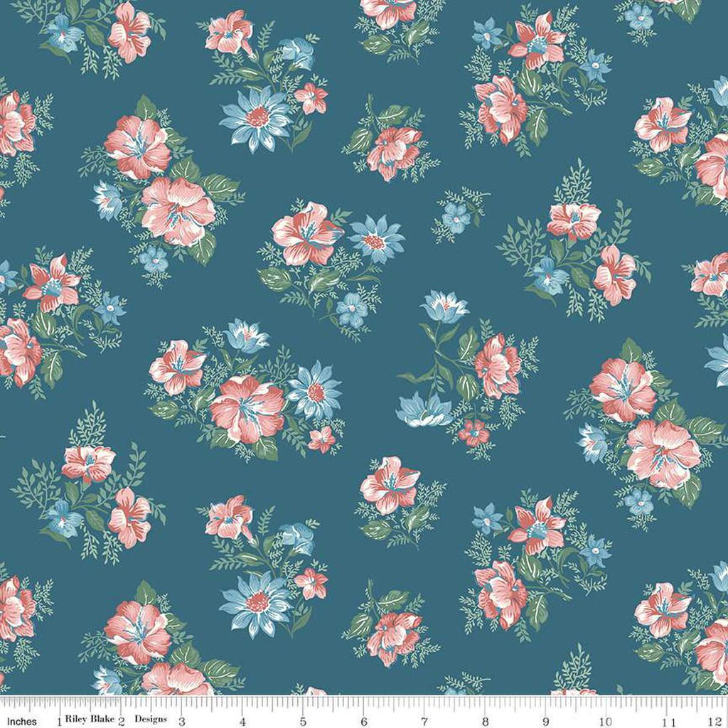 Image of Mary Catherine Main Stargazer quilting cotton fabric by Amy Smart for Riley Blake Designs. Features flowers on a blue background. Cute Little Fabric Shop