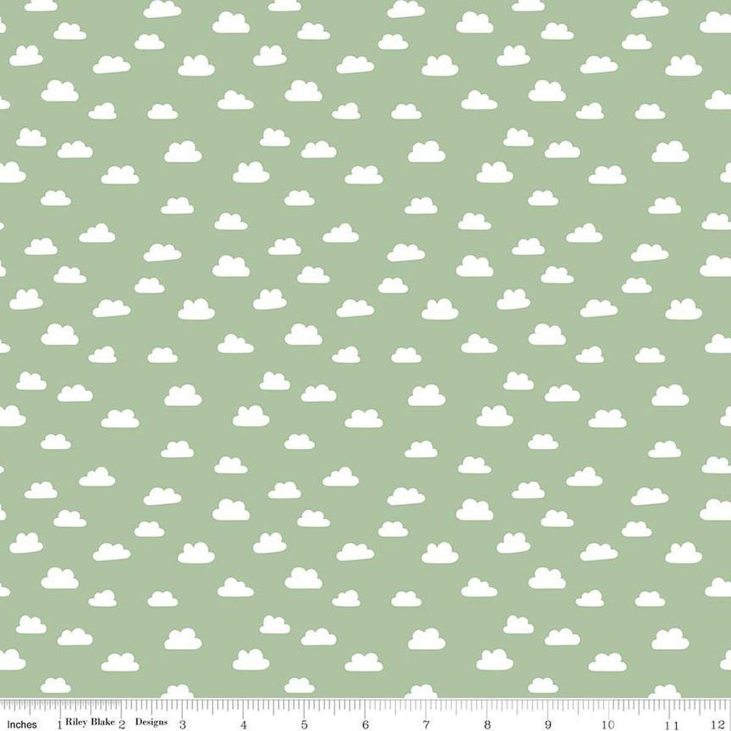 Image of Baby Girl Clouds Green quilting cotton fabric by Lori Whitlock for Riley Blake Designs. Features clouds on a green background. Cute Little Fabric Shop