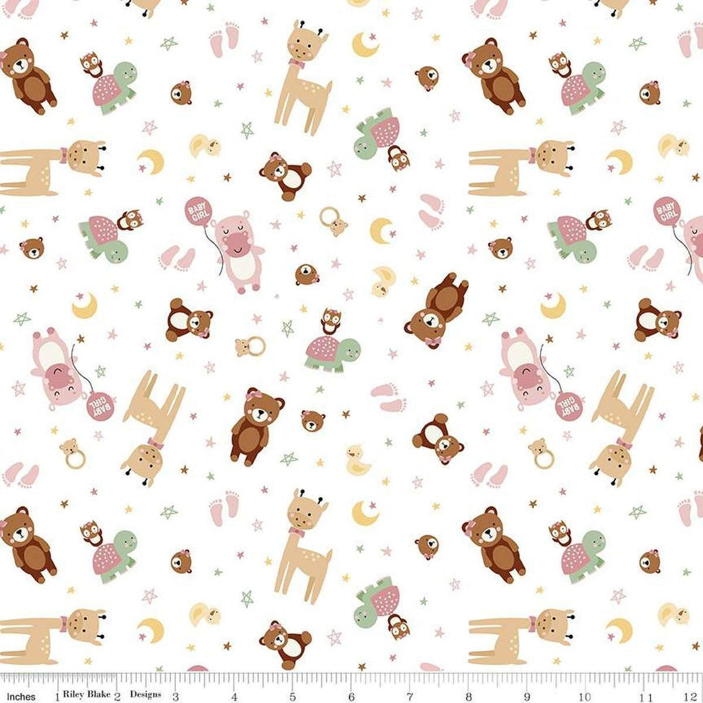 Image of Baby Girl Animals White quilting cotton fabric by Lori Whitlock for Riley Blake Designs. Features animals on a white background. Cute Little Fabric Shop