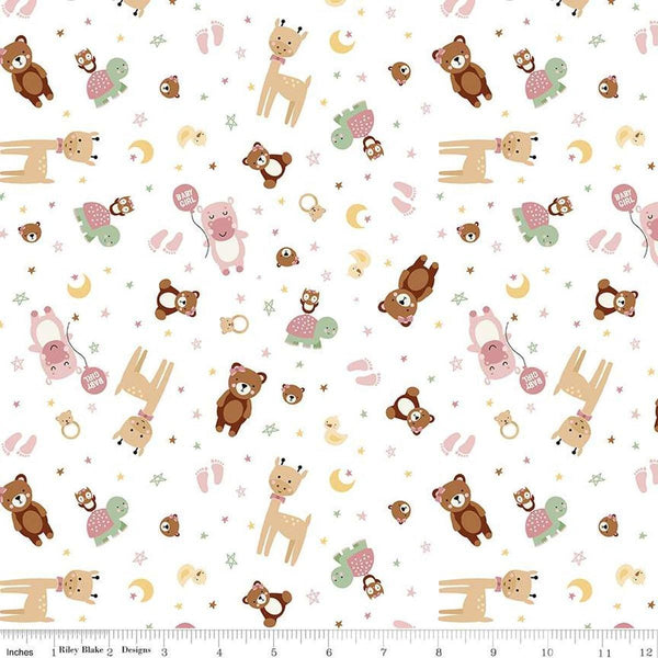 Image of Baby Girl Animals White quilting cotton fabric by Lori Whitlock for Riley Blake Designs. Features animals on a white background. Cute Little Fabric Shop