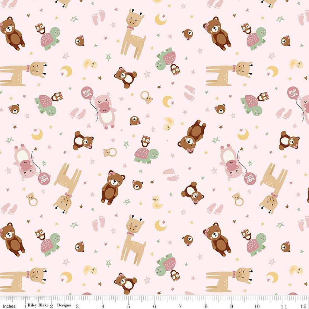 Image of Baby Girl Animals Pink quilting cotton fabric by Lori Whitlock for Riley Blake Designs. Features animals on a pink background. Cute Little Fabric Shop