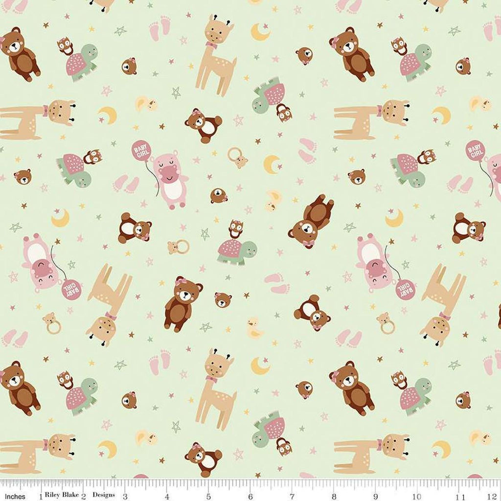 Image of Baby Girl Animals Mint quilting cotton fabric by Lori Whitlock for Riley Blake Designs. Features animals on a green background. Cute Little Fabric Shop