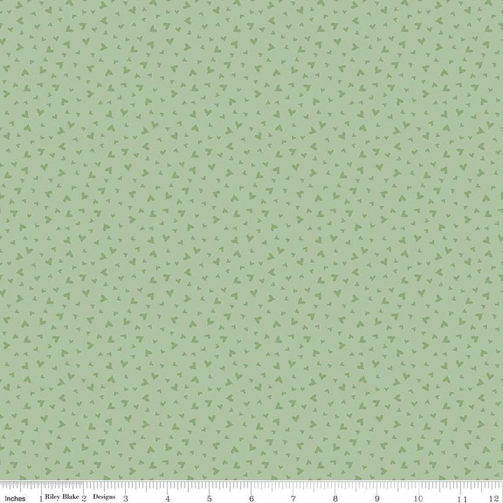 Image of Baby Girl Hearts Mint quilting cotton fabric by Lori Whitlock for Riley Blake Designs. Features hearts on a green background. Cute Little Fabric Shop