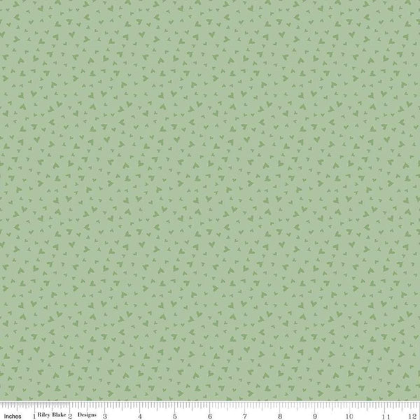 Image of Baby Girl Hearts Mint quilting cotton fabric by Lori Whitlock for Riley Blake Designs. Features hearts on a green background. Cute Little Fabric Shop
