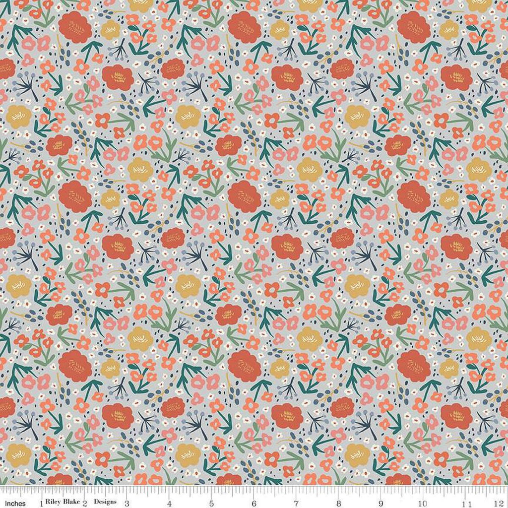 Image of Ivy Reese Flower Dusk quilting cotton fabric by Deena Rutter for Riley Blake Designs. Features flowers on a gray background. Cute Little Fabric Shop