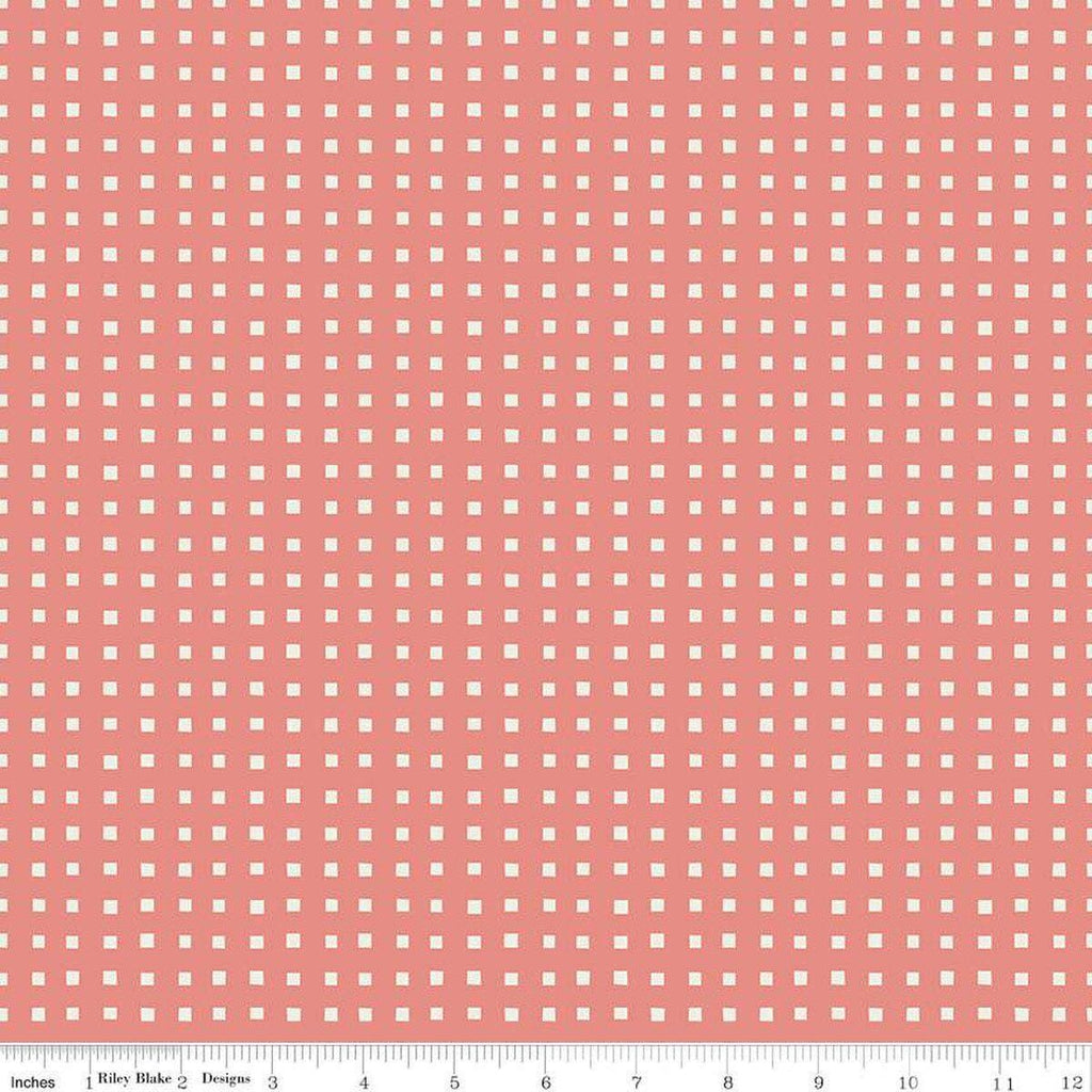 Image of Ivy Reese Simple Gingham Coral quilting cotton fabric by Deena Rutter for Riley Blake Designs. Features squares on a pink background. Cute Little Fabric Shop