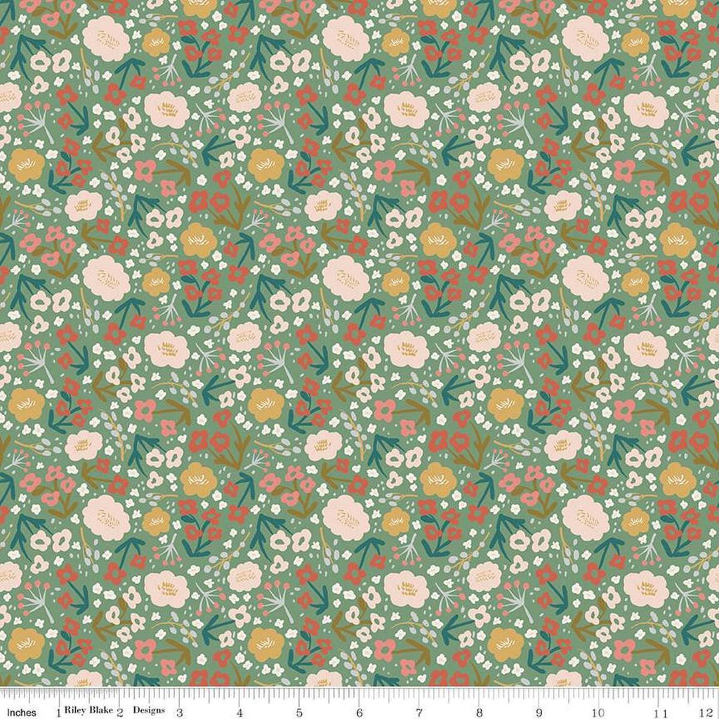 Image of Ivy Reese Flower Green quilting cotton fabric by Deena Rutter for Riley Blake Designs. Features flowers on a green background. Cute Little Fabric Shop