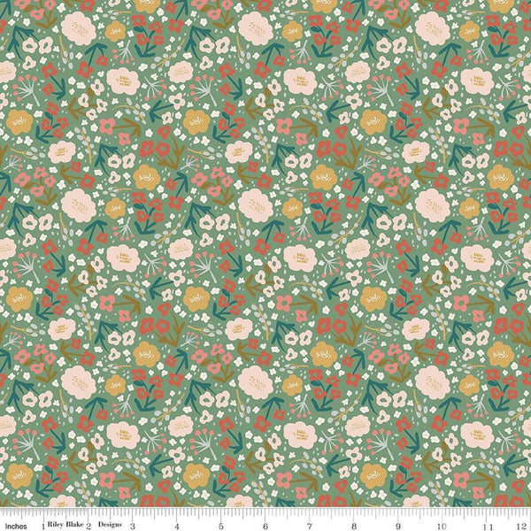 Image of Ivy Reese Flower Green quilting cotton fabric by Deena Rutter for Riley Blake Designs. Features flowers on a green background. Cute Little Fabric Shop